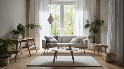 Minimalist Living Room Mockup with White Couch and Wooden Table for Modern Interior Design