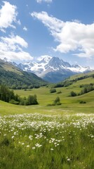 A breathtaking landscape featuring snow-capped mountains and blooming meadows.
