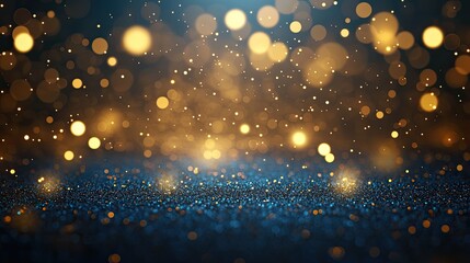 Christmas bokeh and golden light shine against an abstract background of dark blue and gold particles.