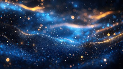 Obraz premium Christmas bokeh and golden light shine against an abstract background of dark blue and gold particles.