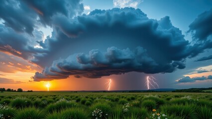 Majestic cumulonimbus clouds dominate the sky, casting shadows over a verdant field dotted with delicate white flowers, under a vast, deep-blue expanse