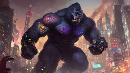 A muscular gorilla with tattoos stands in a vibrant, futuristic cityscape.