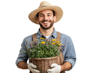 Smiling gardener holding basket of flowers, wearing straw hat and gloves, isolated on transparency background. cheerful expression reflects his love for gardening