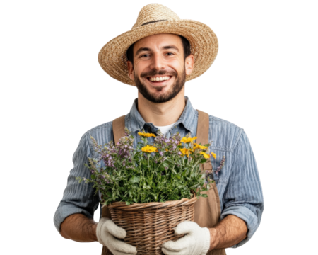 Smiling gardener holding basket of flowers, wearing straw hat and gloves, isolated on transparency background. cheerful expression reflects his love for gardening
