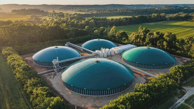 Biogas Plant: An aerial view showcasing a modern biogas plant with multiple large green digesters nestled in a lush green landscape, highlighting sustainable energy generation.