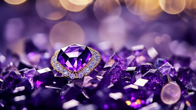 Macro view of shiny purple gemstones with sparkling reflections on a dark background. Luxurious design. High quality 4k footage