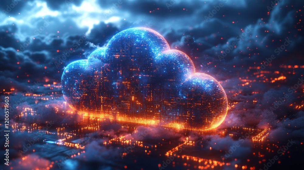 Aufkleber Futuristic Cloud Icon Glowing with Binary Code in Cyberpunk Art Style