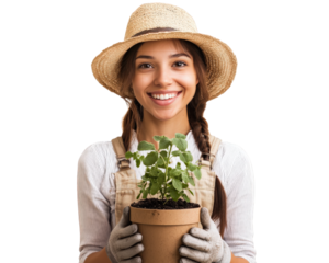 Smiling woman gardener holding potted plant, wearing straw hat and gloves, isolated on transparency background. Her joyful expression reflects love for gardening