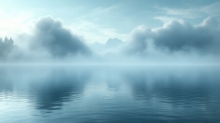 Fototapeta premium Ethereal Landscape with Chiaroscuro Lighting and Mist Over Reflective Surface