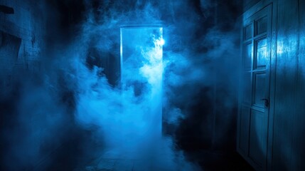 A mysterious blue-lit doorway shrouded in fog, evoking a sense of intrigue and suspense.