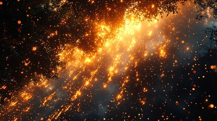Fototapeta premium Golden Sparks Exploding Through Night Sky Dark Trees
