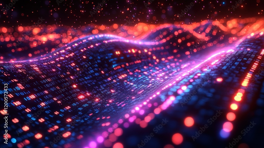 Aufkleber Digital Highway of Glowing Binary Code in Cyberpunk Style with Neon Aesthetics and Futuristic Atmosphere