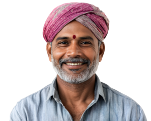 Smiling man wearing traditional turban, showcasing cultural heritage and joy. His warm expression reflects happiness and friendliness, set against neutral background