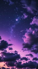 Fototapeta premium Dramatic Dark Purple Sky Filled With Shooting Stars and Hidden Moon at Twilight. Generative AI