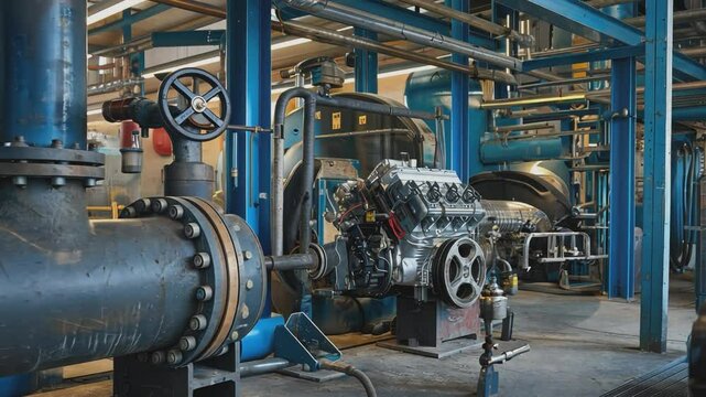 Industrial Engine Room: A powerful industrial engine sits at the heart of a bustling engine room, surrounded by intricate network of pipes, valves and machinery.