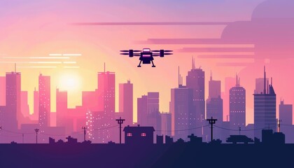 Obraz premium A drone flies over a cityscape at sunset, with a bright orange sun peeking through the clouds.