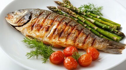 A grilled fish fillet served with a side of asparagus and cherry tomatoes, presented on a clean white plate.
