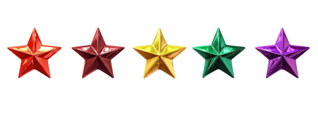 Obraz premium Colorful stars in red, gold, green, and purple arranged in row, perfect for festive decorations or celebrations. Their shiny surfaces reflect light beautifully, adding vibrant touch