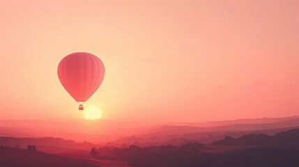 Naklejka premium Red Hot Air Balloon Soaring Over Sunset Landscape