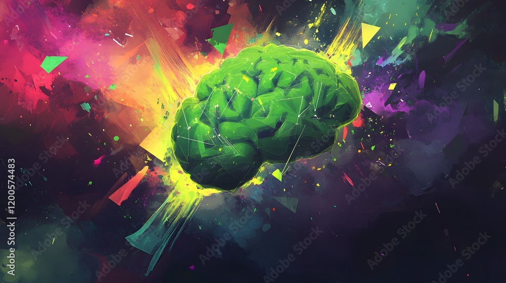 Poster abstract green brain exploding with colorful energy