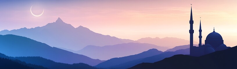 Majestic Mosque Silhouette at Sunset Over Misty Mountains