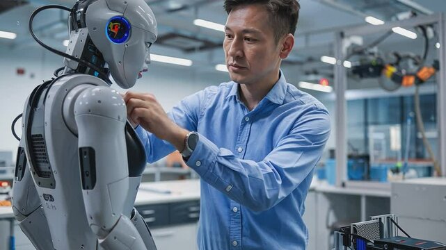 Robotics Engineer at Work: A focused Asian male engineer meticulously adjusts a sophisticated humanoid robot in a high-tech laboratory setting, highlighting precision and innovation in robotics. 