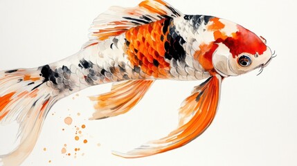A koi betta fish with a blend of orange, white, and black patterns, its tail rippling elegantly on a white backdrop.