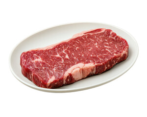 Obraz premium Fresh steak on white plate, showcasing marbled texture and rich color, perfect for grilling or cooking. Ideal for meat lovers and culinary enthusiasts