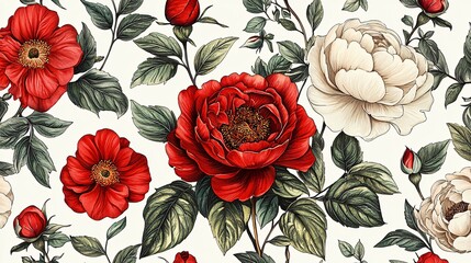 Elegant Red and White Floral Pattern Seamless Design Botanical Illustration