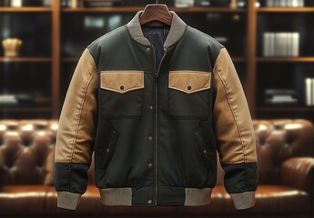 Vintage Olive Beige Varsity Bomber Jacket Front and Back View Cozy Room Design