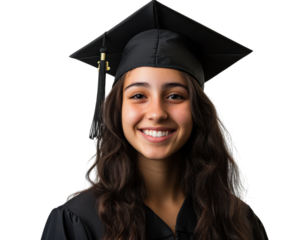 Happy graduate wearing black cap and gown, smiling confidently. This portrait captures joy and achievement of graduation day, symbolizing success and new beginnings