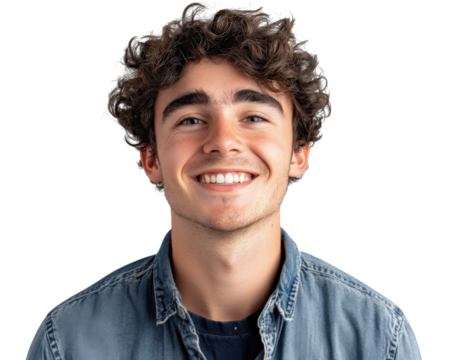 Young man with curly hair smiling, wearing denim shirt, isolated on transparency background, expressing happiness and confidence
