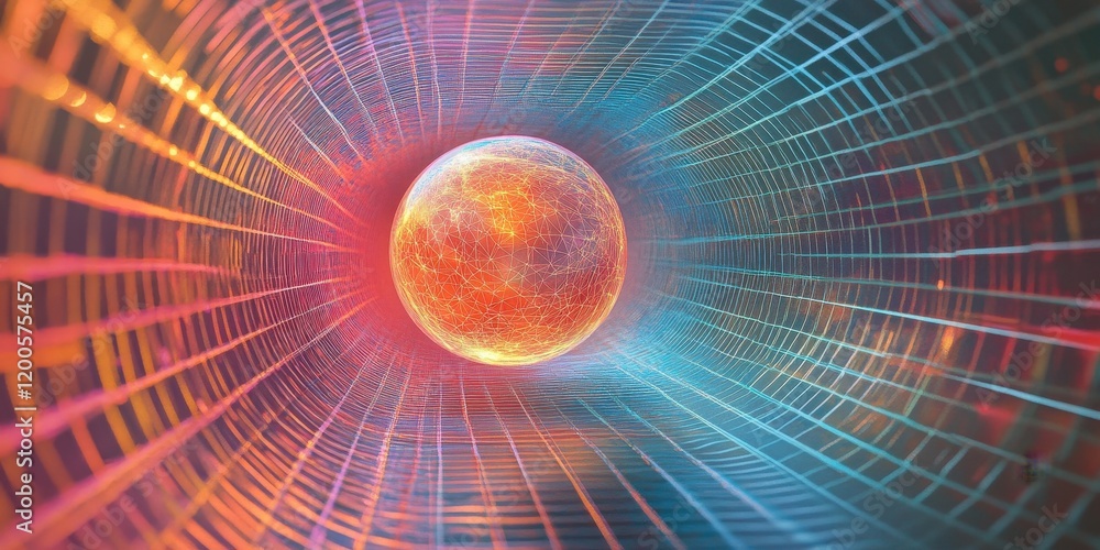 Poster luminous sphere within a gridded tunnel
