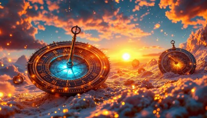 Surreal landscape with vintage clocks at sunset. Concept of time, past, and future.