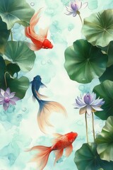 Goldfish and Water Lilies Serenity Underwater Scene Summer