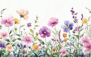 Naklejka premium Colorful Floral Watercolor Pattern with Wildflowers Butterflies and Green Plants in a Serene Summer Garden