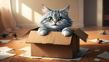 The adorable white kitten, a fluffy domestic feline, plays peek-a-boo from inside a cardboard box