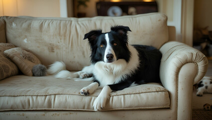 A cute border collie puppy sitting on a sofa surrounded by grass