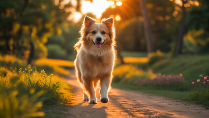 A happy dog running in the park with its tongue out, surrounded by grass and trees