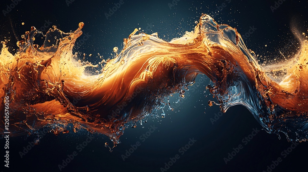 Poster Abstract swirling liquid, amber and gold hues, splashing and flowing dynamically against a dark background.