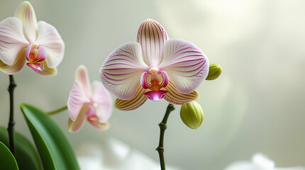 This sentence incorporates elements like pink orchid, green background, blossom, beauty, nature, and floral while keeping it concise and descriptive