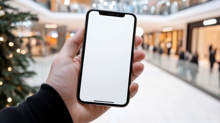Hand holding smartphone with blank screen in a shopping mall.