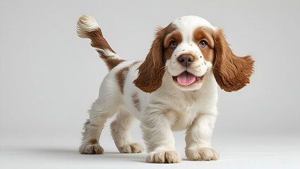The purebred Cavalier King Charles Spaniel puppy sits in a studio, showcasing its adorable white and brown coat