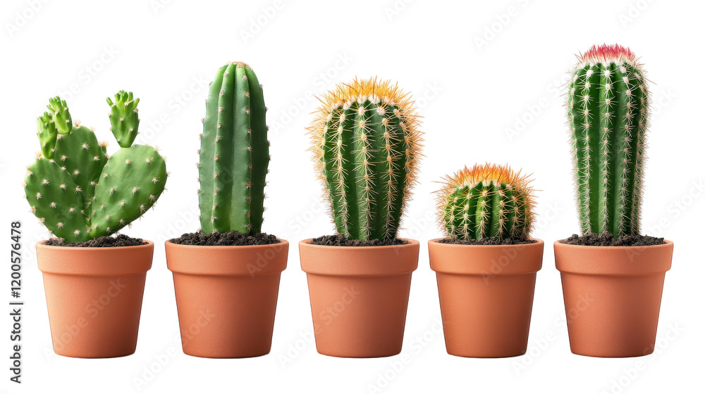 Poster cacti in terracotta pots, showcasing various shapes and sizes, create vibrant display. these plants 