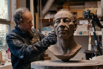 Sculptor Refining a Clay Bust on a Turning Platform in a Creative Workshop. Generative AI