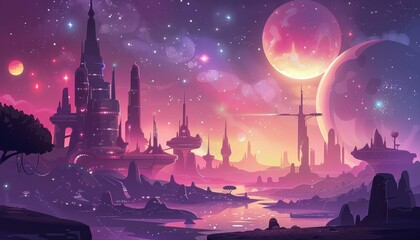 Naklejka premium A futuristic city on an alien planet with a pink sky, two moons and a river running through the city.