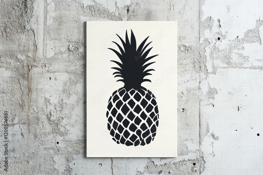 Poster silhouette of a pineapple displayed on a textured concrete wall in a minimalist design environment. 