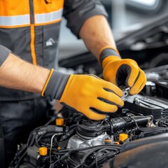 Mechanic Working on Engine with Bright Gloves