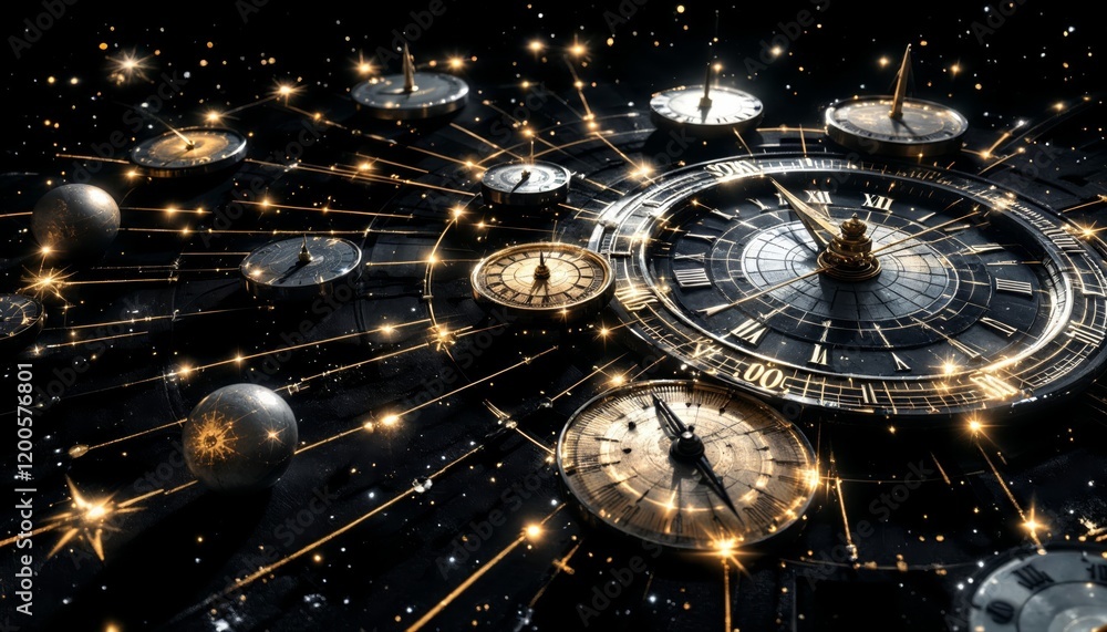 Poster abstract time concept with multiple clocks and glowing connections, time travel, time management.