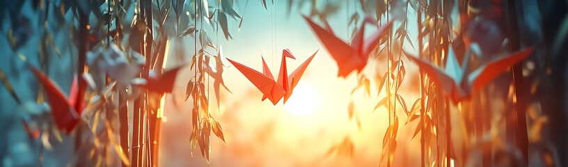 Red Origami Cranes in Flight at Sunset, Japanese Art
